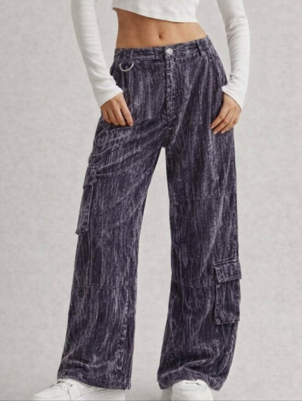 NEW Pretty Garbage Textured Velvet Cargo High Rise Wide Leg Pants Size Medium